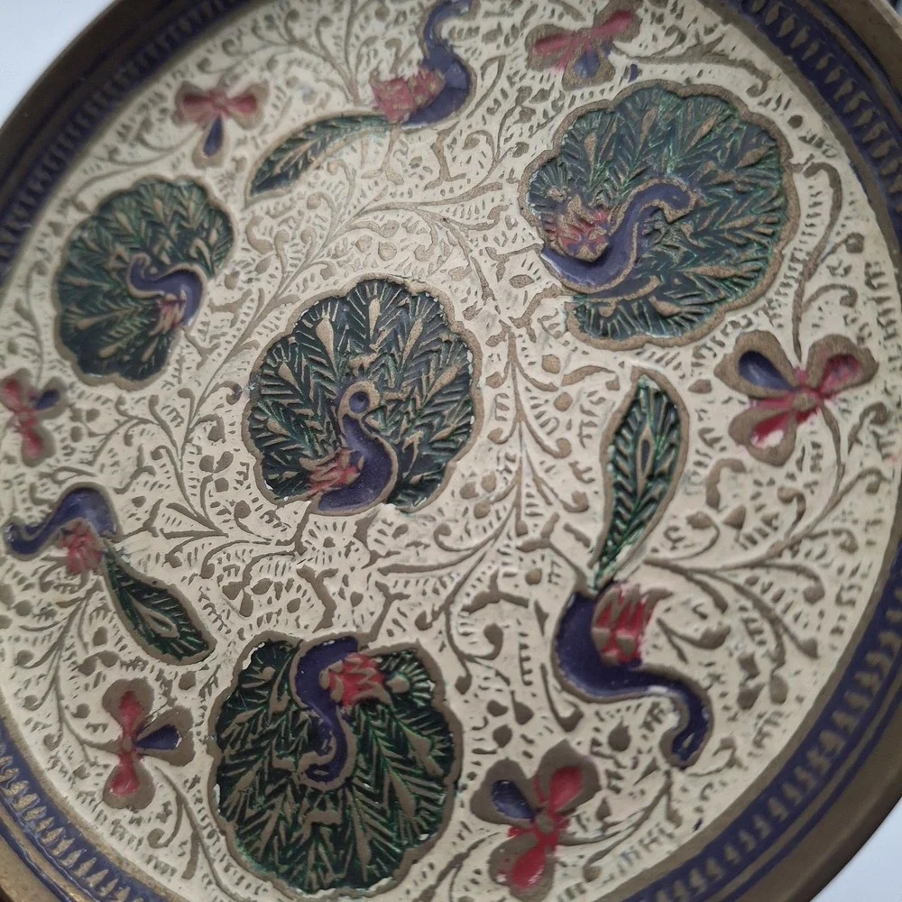 Vtg Hand-Etched Brass Trinket Plate Enamel Peacock Pheasant Floral 4